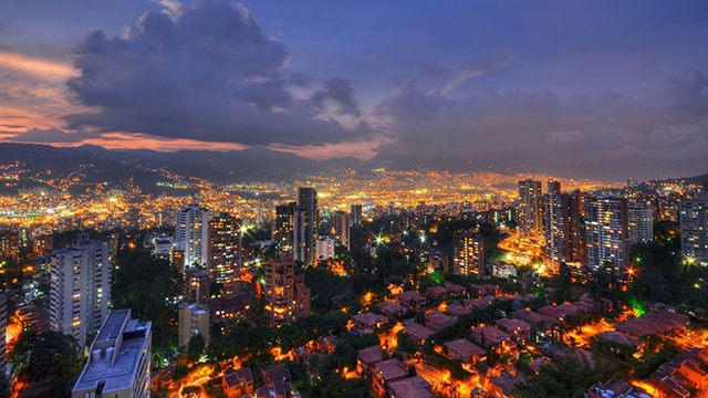 overhead skyline at night of columbian cities