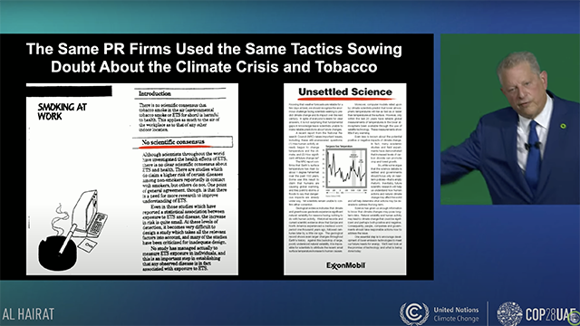 al gore presents news headlines calling out fossil fuel lies